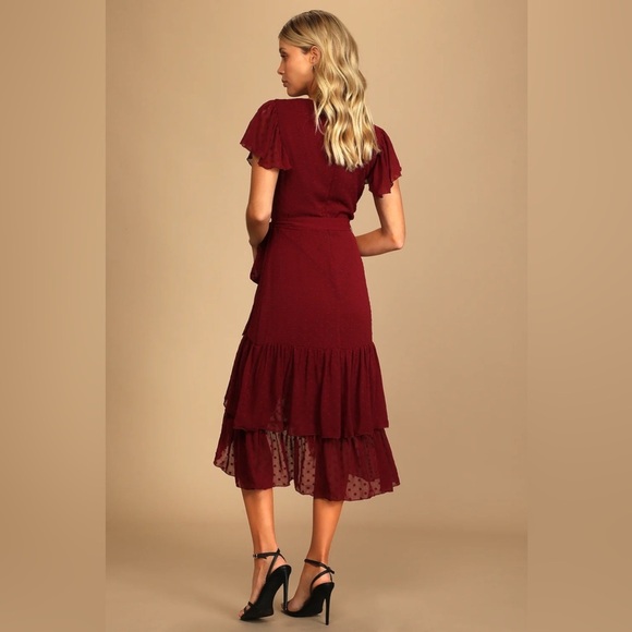 NWT Lulus Have Harmony Burgundy Swiss Dot Ruffled Faux Wrap Midi Dress - Picture 3 of 9